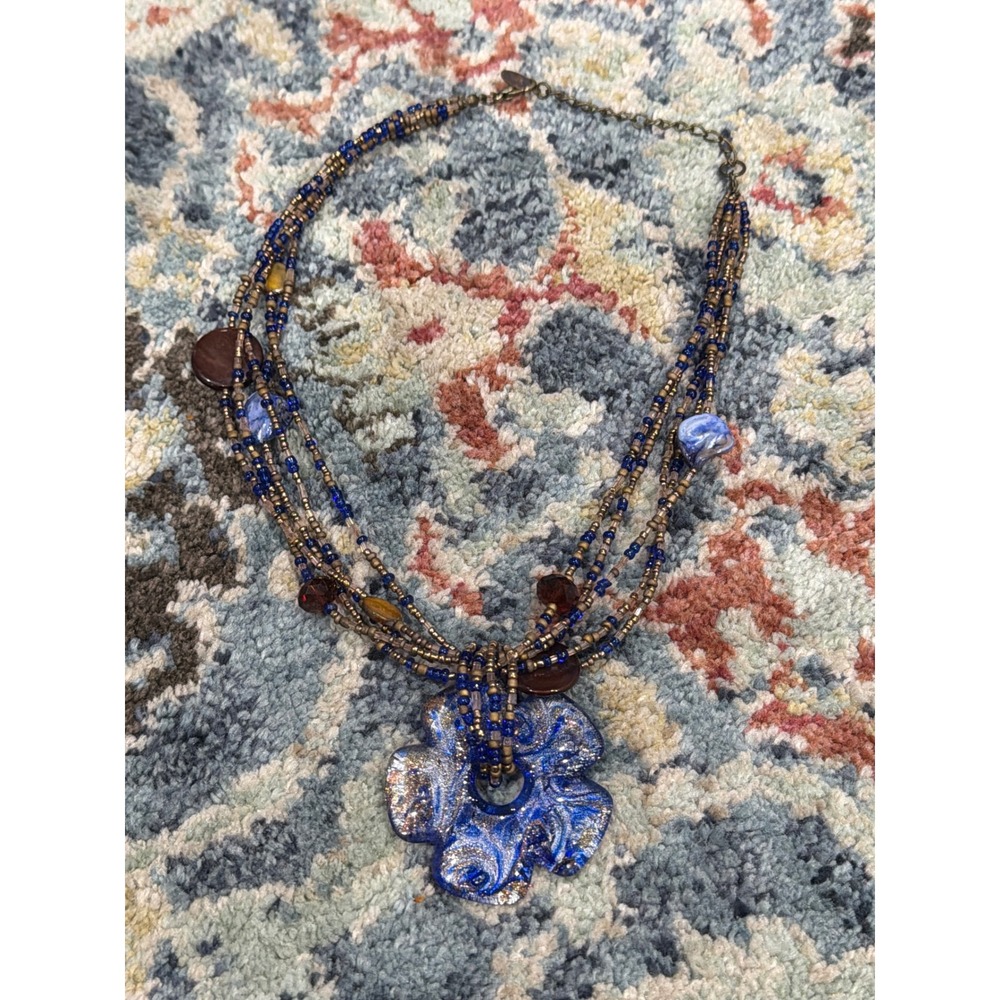 Beaded Necklace Women Blue Gold Flower Glass Boho